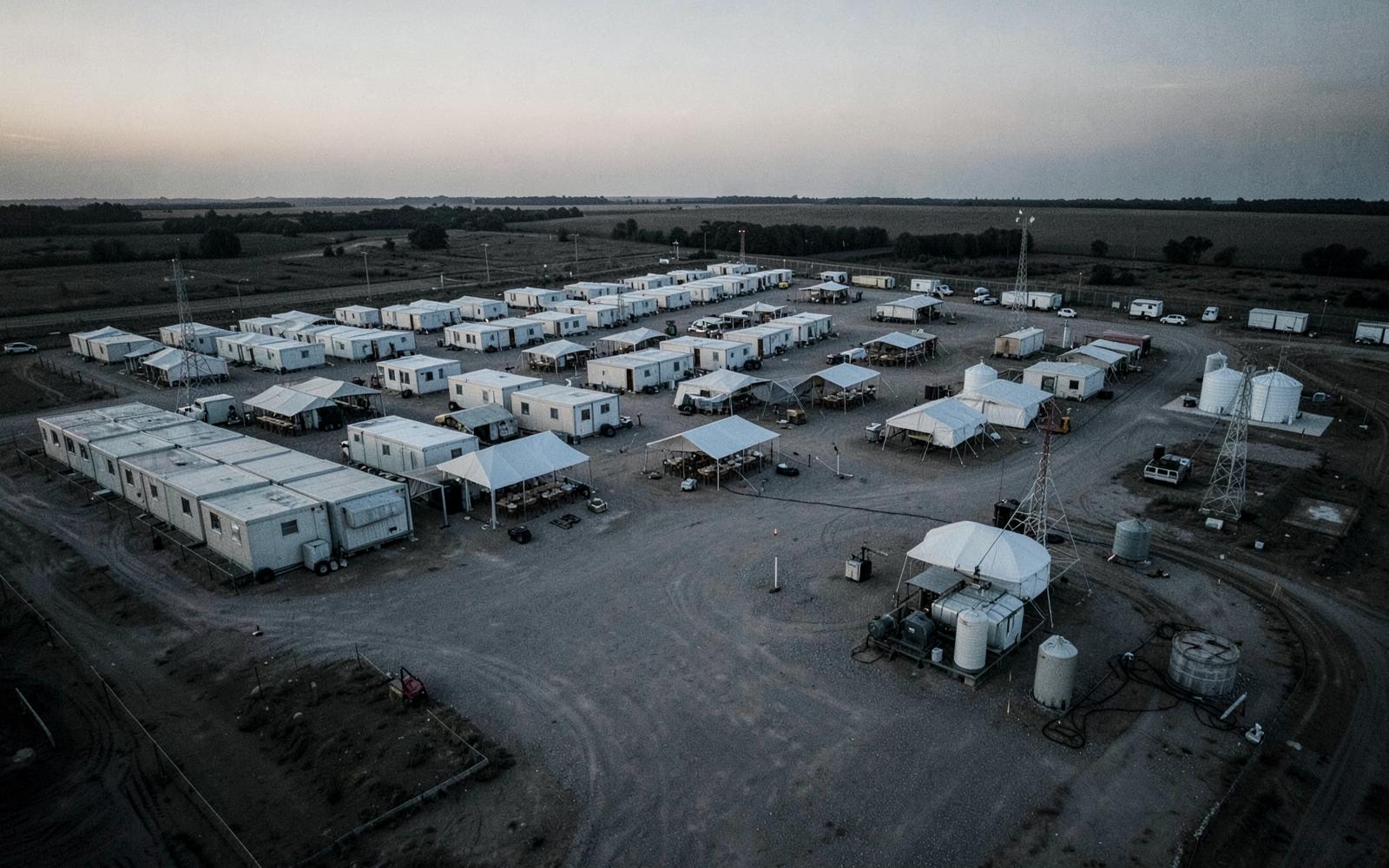 Aerial view of a temporary base camp with modular housing units, tents and water tanks