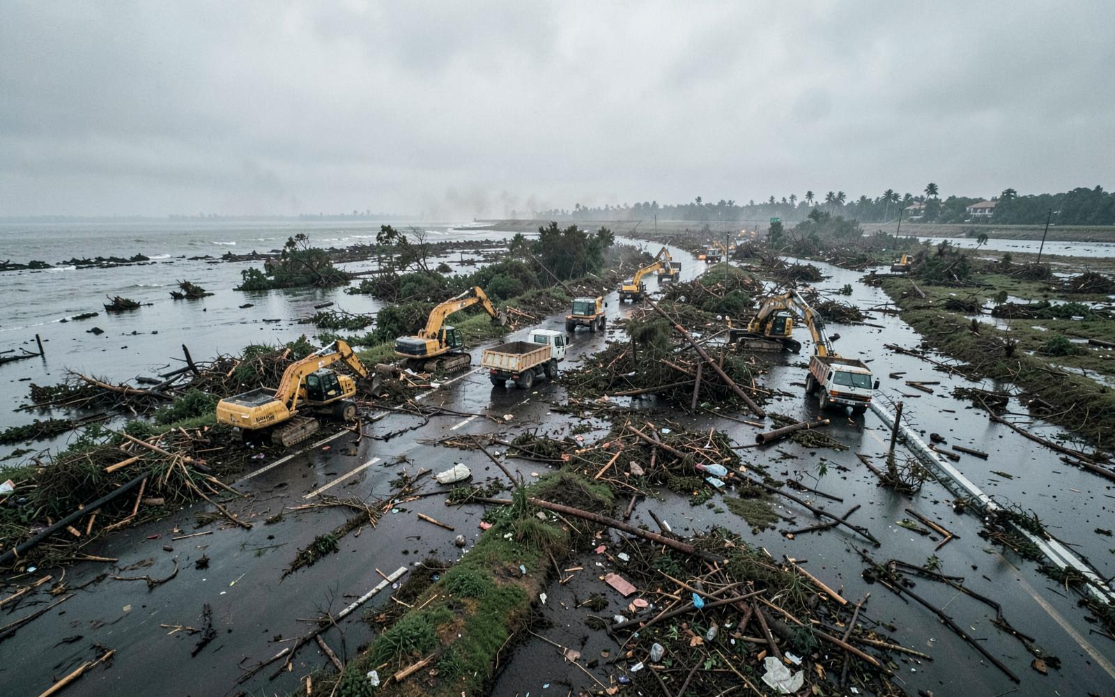 Excavators and dump trucks clearing storm debris along a flooded coastal road