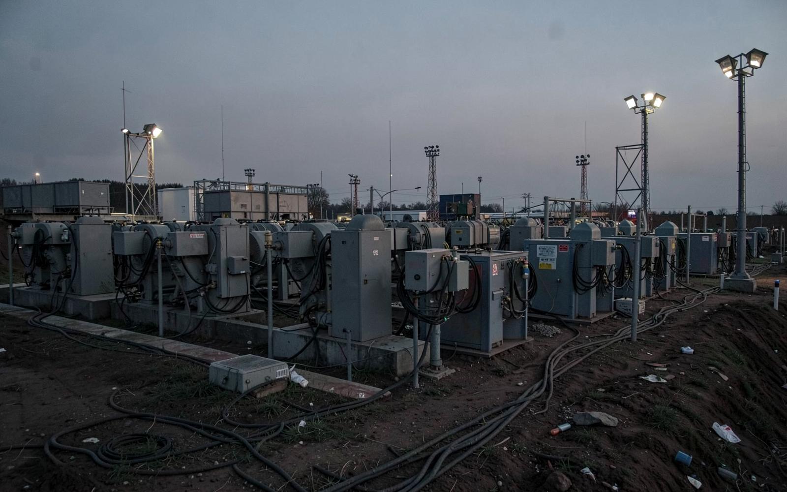 Rows of industrial generators and temporary power distribution equipment at a field site