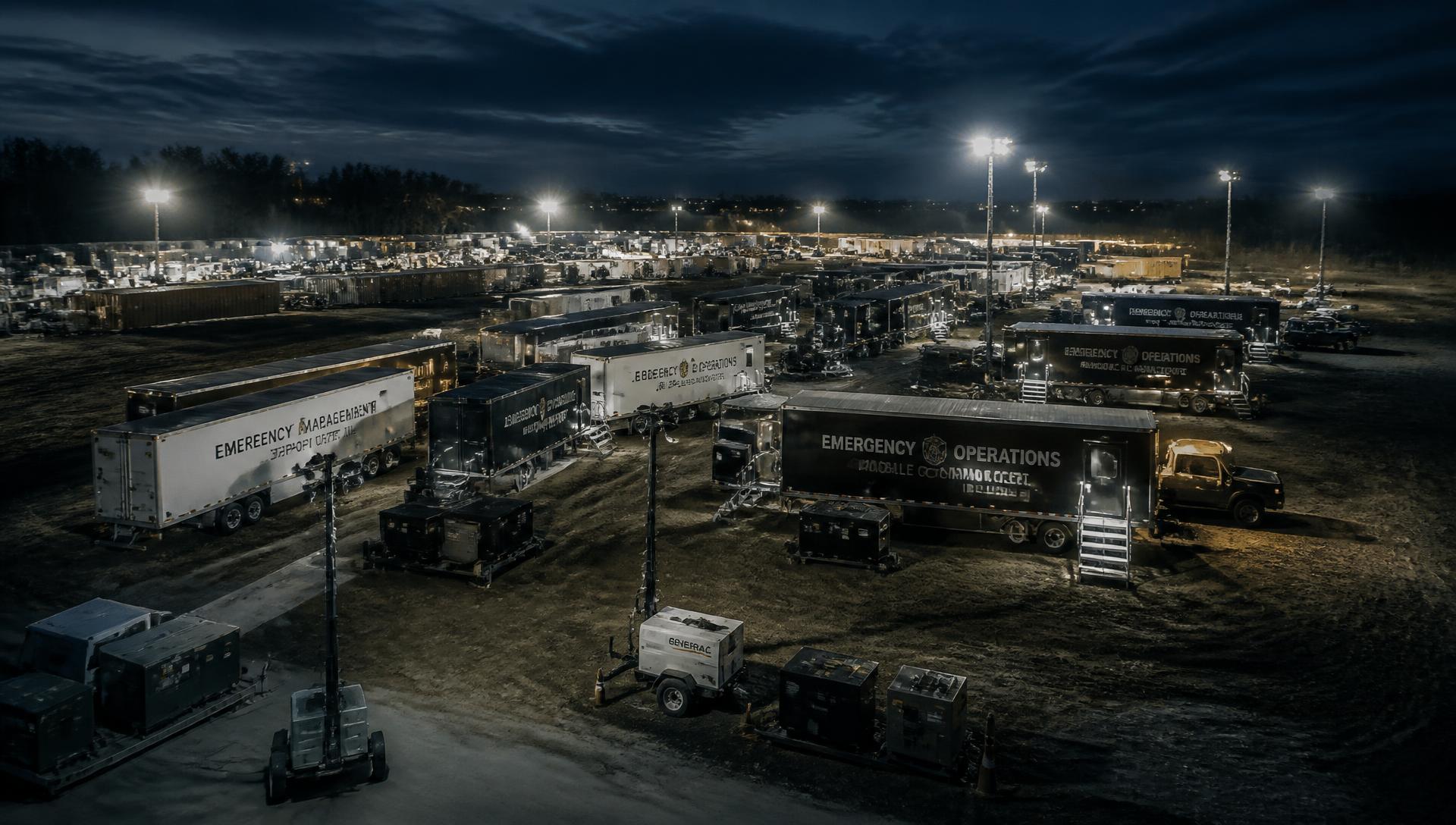 Nighttime emergency staging area with tractor trailers, light towers and generators